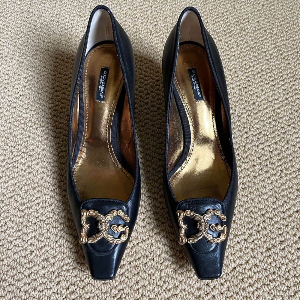 Dolce & Gabbana Vintage Black Kitten Heels with Gold DG Embellishment & Interior